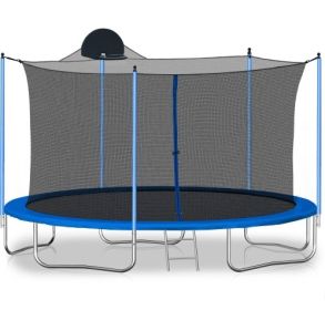 12FT Trampoline For Adults   Kids With Basketball Hoop, Outdoor Trampolines W Ladder And Safety Enclosure Net For Kids And Adults (Color: Blue)