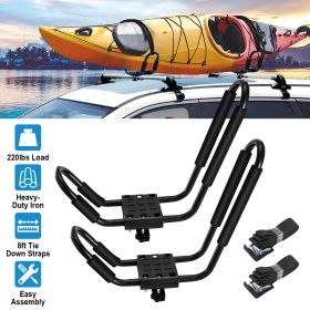 1 Pair Universal J-Bar Kayak Carrier 220LBS Load Heavy Duty Canoe Car Top Mount Carrier Roof Rack with 2Pcs Tie Down Straps (Color: Black)